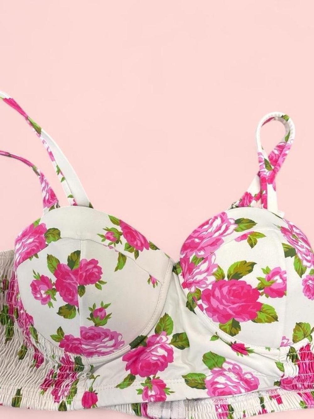 Betsey Johnson White Bra with Pink Rose Print